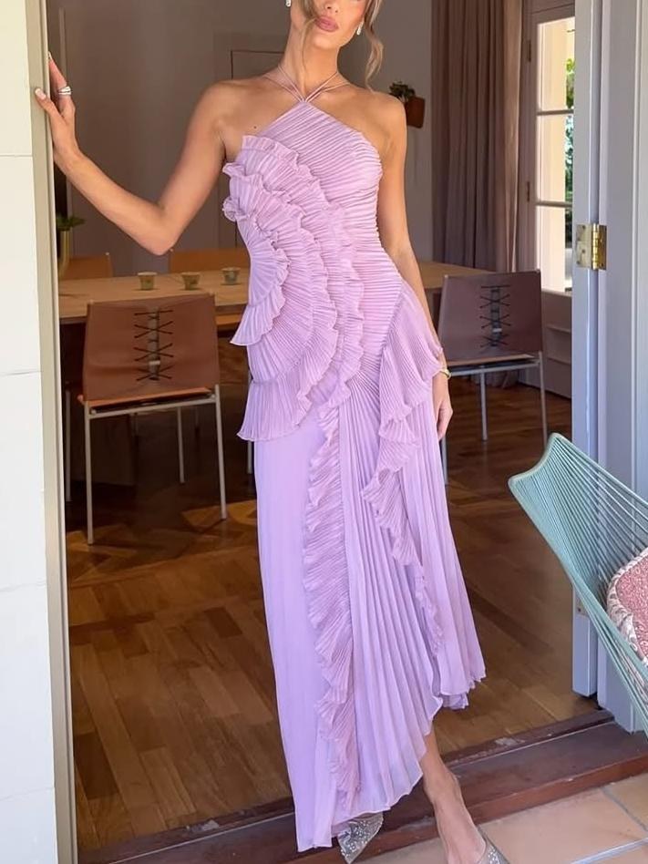 Eliora | Women's Sleeveless Pleated Asymmetric Wedding Guest Maxi Dress
