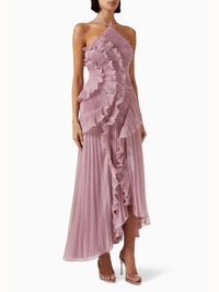 Eliora | Women's Sleeveless Pleated Asymmetric Wedding Guest Maxi Dress in Pink