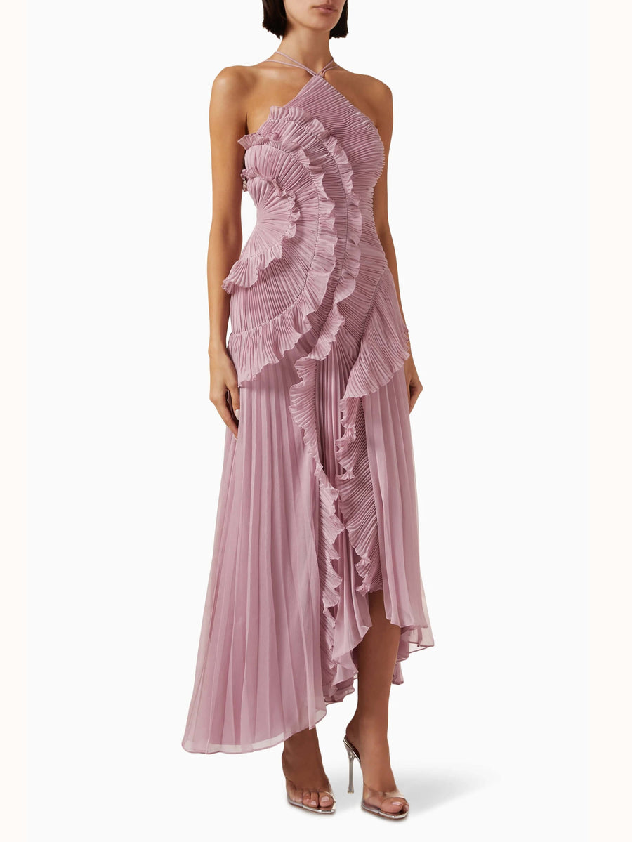 Eliora | Women's Sleeveless Pleated Asymmetric Wedding Guest Maxi Dress in Pink