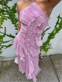 Eliora | Women's Sleeveless Pleated Asymmetric Wedding Guest Maxi Dress in Purple