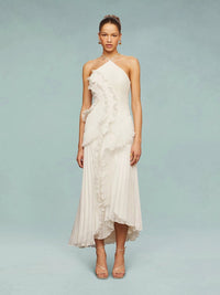 Eliora | Women's Sleeveless Pleated Asymmetric Wedding Guest Maxi Dress in White