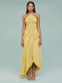 Eliora | Women's Sleeveless Pleated Asymmetric Wedding Guest Maxi Dress in Yellow