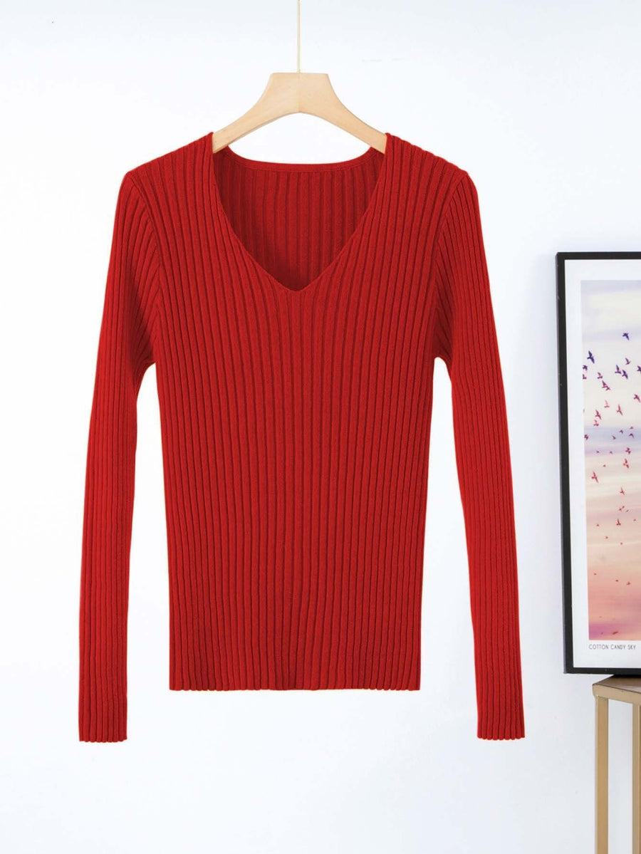 Elisa | Women's V-Neck Knit Sweater in Red
