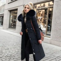 Eliza | Women's Long Hooded Faux Fur Trim Quilted Coat in Black