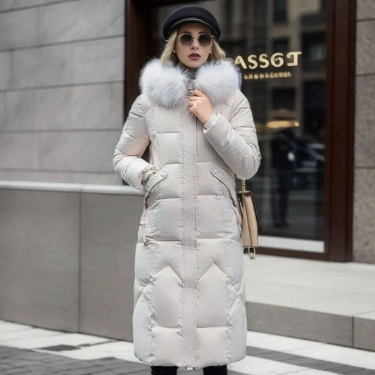 Eliza | Women's Long Hooded Faux Fur Trim Quilted Coat in Gray