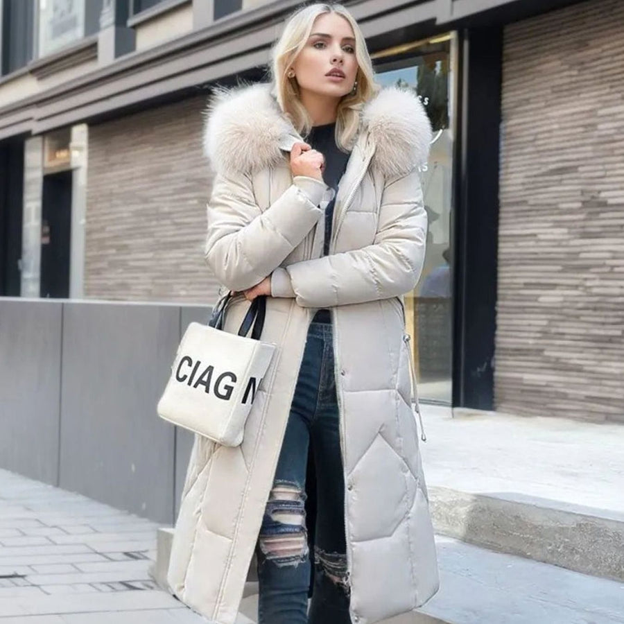 Eliza | Women's Long Hooded Faux Fur Trim Quilted Coat in White