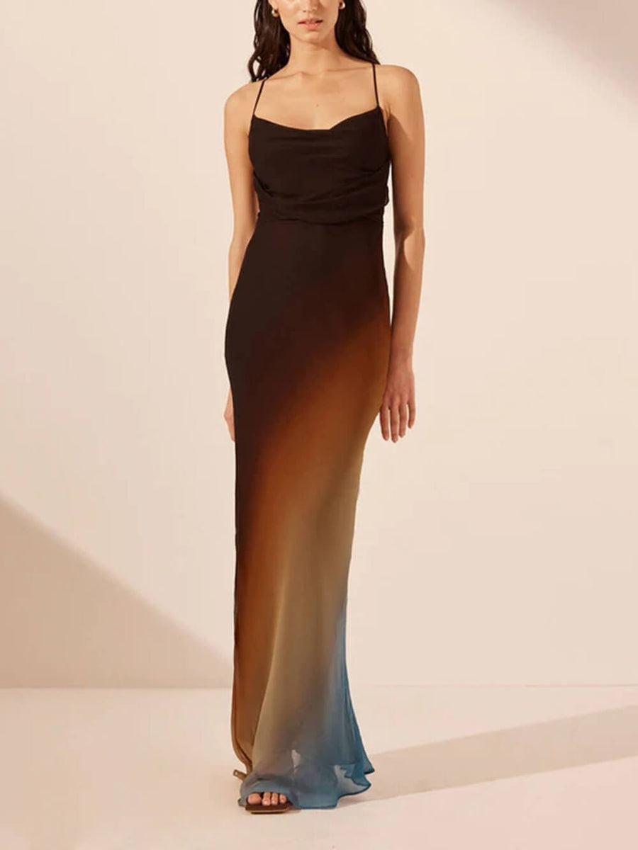 Elladine | Women's Spaghetti Strap Backless Wedding Guest Maxi Dress
