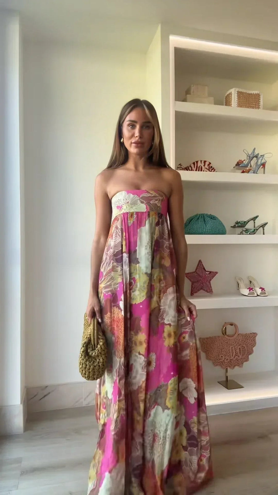 Ellaria | Women's Strapless Floral Wedding Guest Maxi Dress in Dark Pink