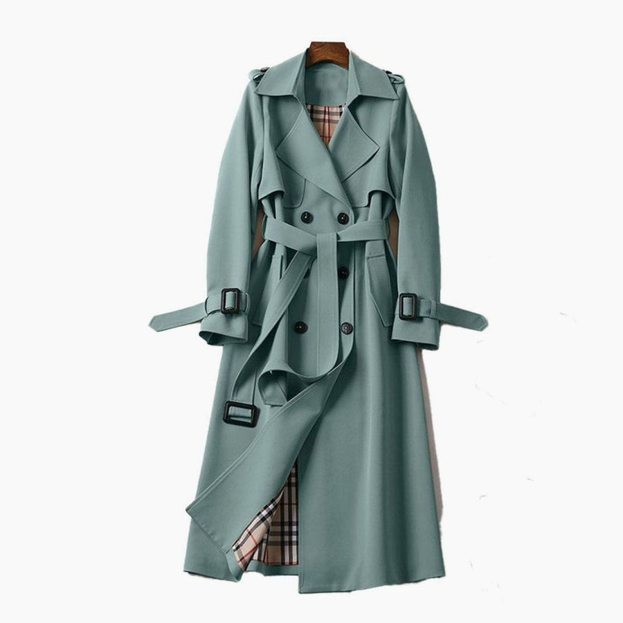 Ellie | Women's Double-Breasted Belted Longline Trench Coat in Green