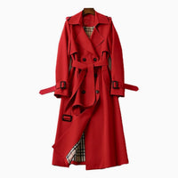 Ellie | Women's Double-Breasted Belted Longline Trench Coat in Red