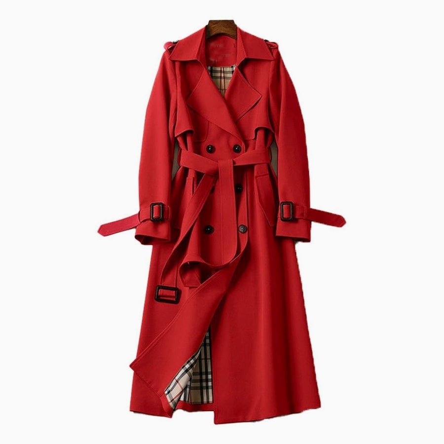 Ellie | Women's Double-Breasted Belted Longline Trench Coat in Red