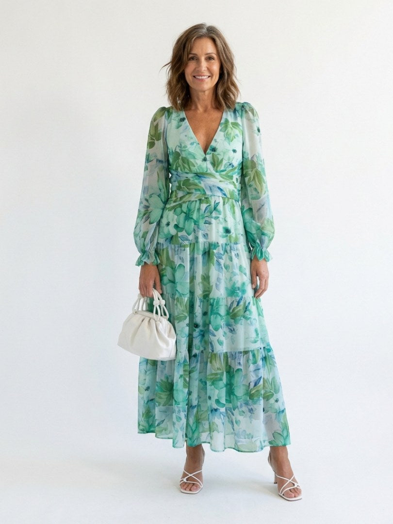 Elloise | Women's V-Neck Floral Wedding Guest Maxi Dress in Green