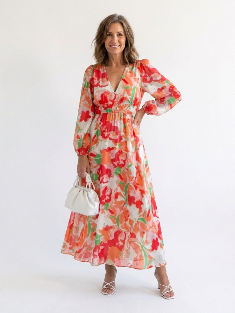 Elloise | Women's V-Neck Floral Wedding Guest Maxi Dress in Orange