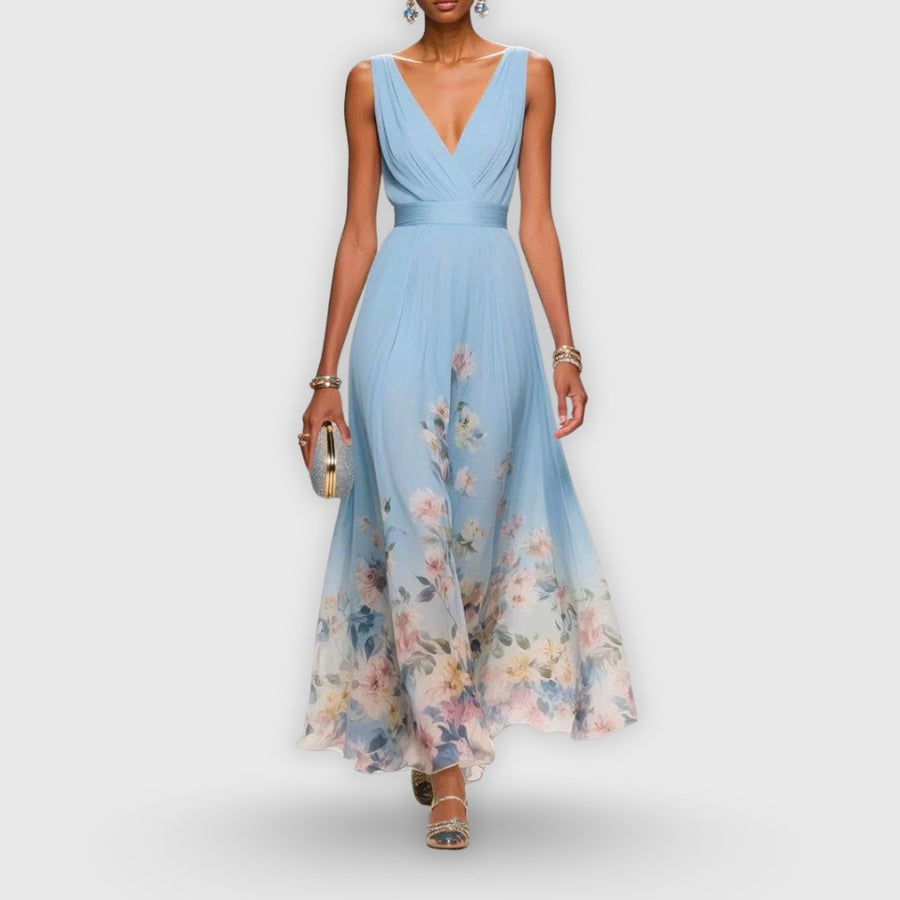Elmina | Women's V-Neck Sleeveless Floral Wedding Guest Maxi Dress in Light Blue