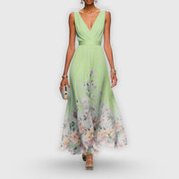 Elmina | Women's V-Neck Sleeveless Floral Wedding Guest Maxi Dress in Light Green