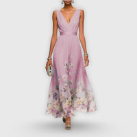 Elmina | Women's V-Neck Sleeveless Floral Wedding Guest Maxi Dress in Pink