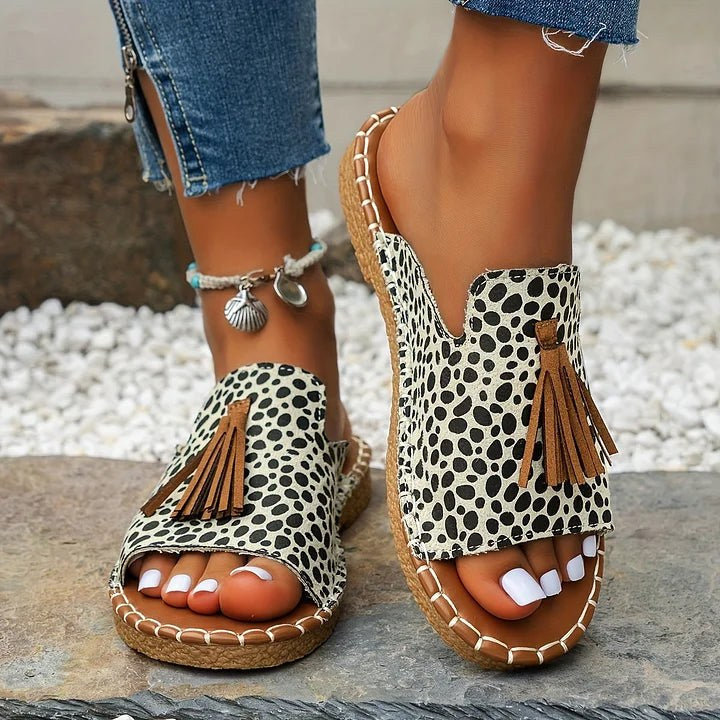 Elodie | Women's Open Toe Tassel Slide Sandals in Black & White