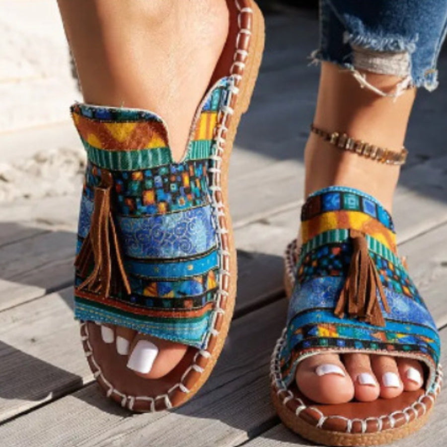 Elodie | Women's Open Toe Tassel Slide Sandals in Blue