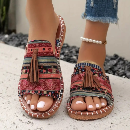 Elodie | Women's Open Toe Tassel Slide Sandals in Red