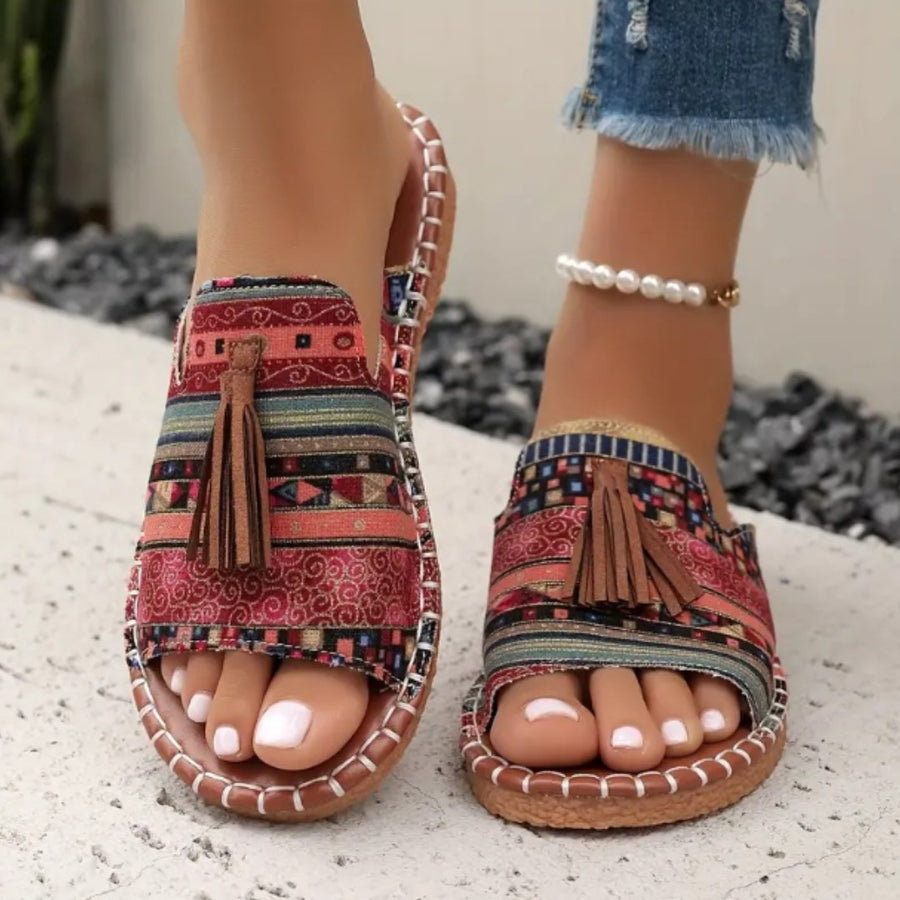 Elodie | Women's Open Toe Tassel Slide Sandals in Red