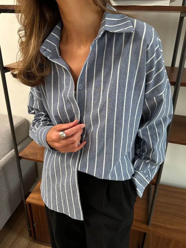 Elowen | Women's Button-Front Striped Blouse in Blue Gray
