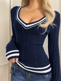 Elsa | Women's V-Neck Bodycon Striped Sweater in Dark Blue