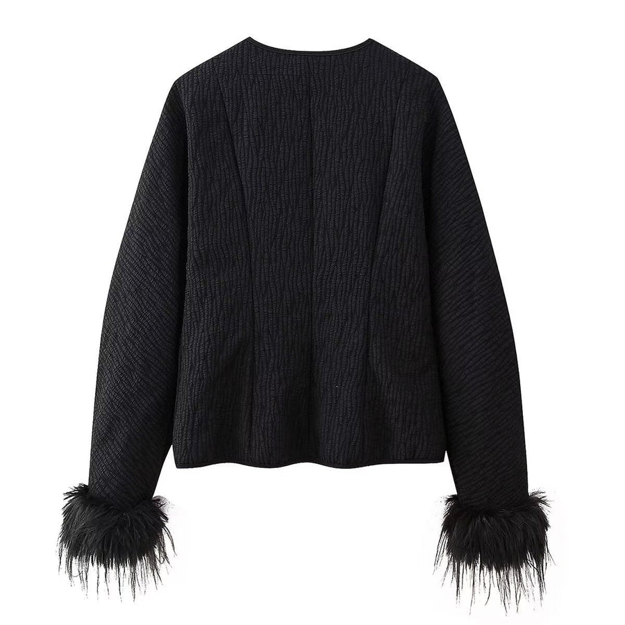 Elsie | Women's Ruffle Detail Elegant Quilted Jacket in Black