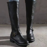 Elsie | Women's Knee-High Buckle-Strap Leather Boots in Black