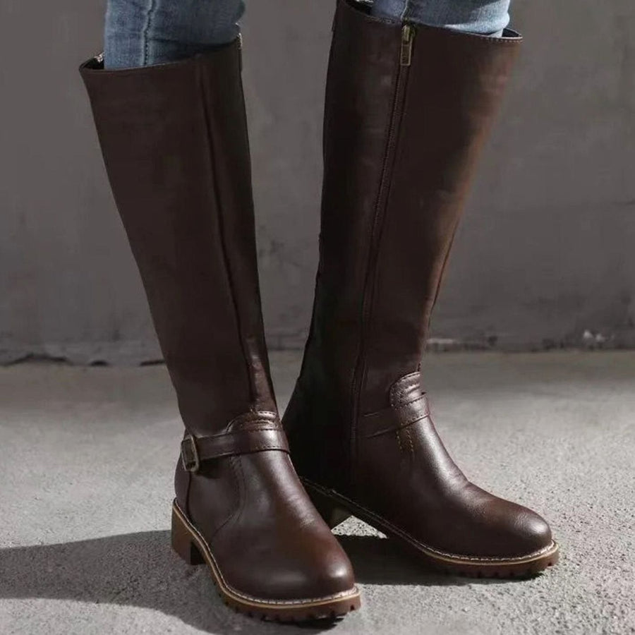 Elsie | Women's Knee-High Buckle-Strap Leather Boots in Dark Brown