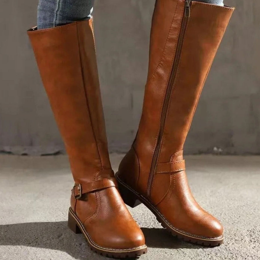 Elsie | Women's Knee-High Buckle-Strap Leather Boots in Light Brown