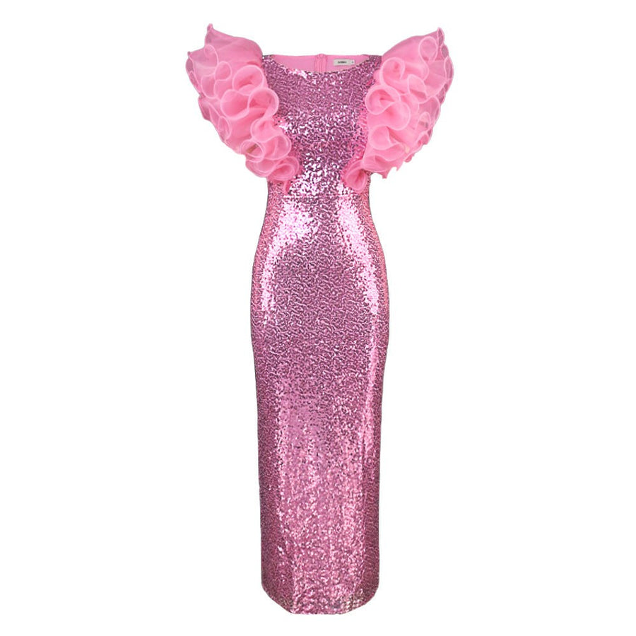Elvanna | Women's Voluminous Ruffle Evening Dress in Pink