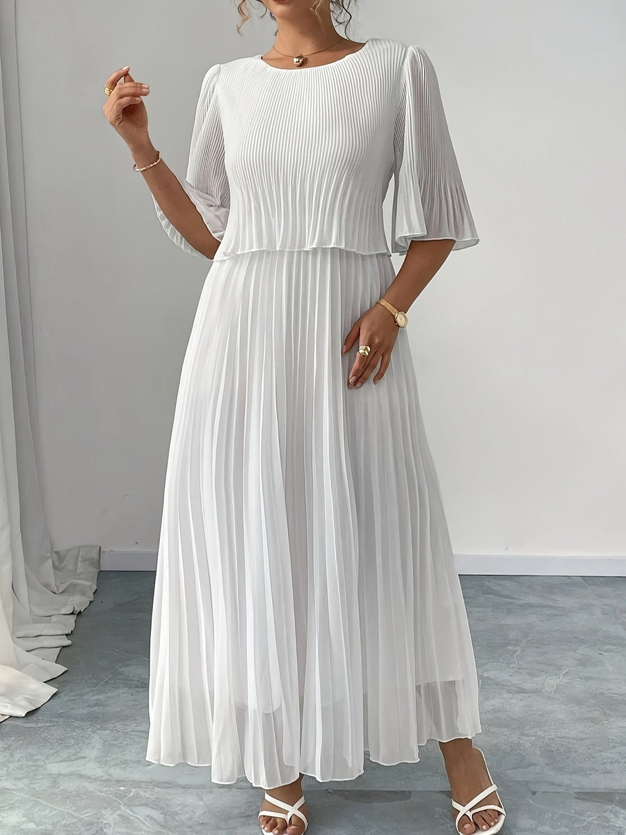 Elysande | Women's White Pleated A-Line Wedding Guest Maxi Dress in White