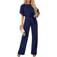 Emeline | Women's Tie Belt Belted Jumpsuit in Marine Blue