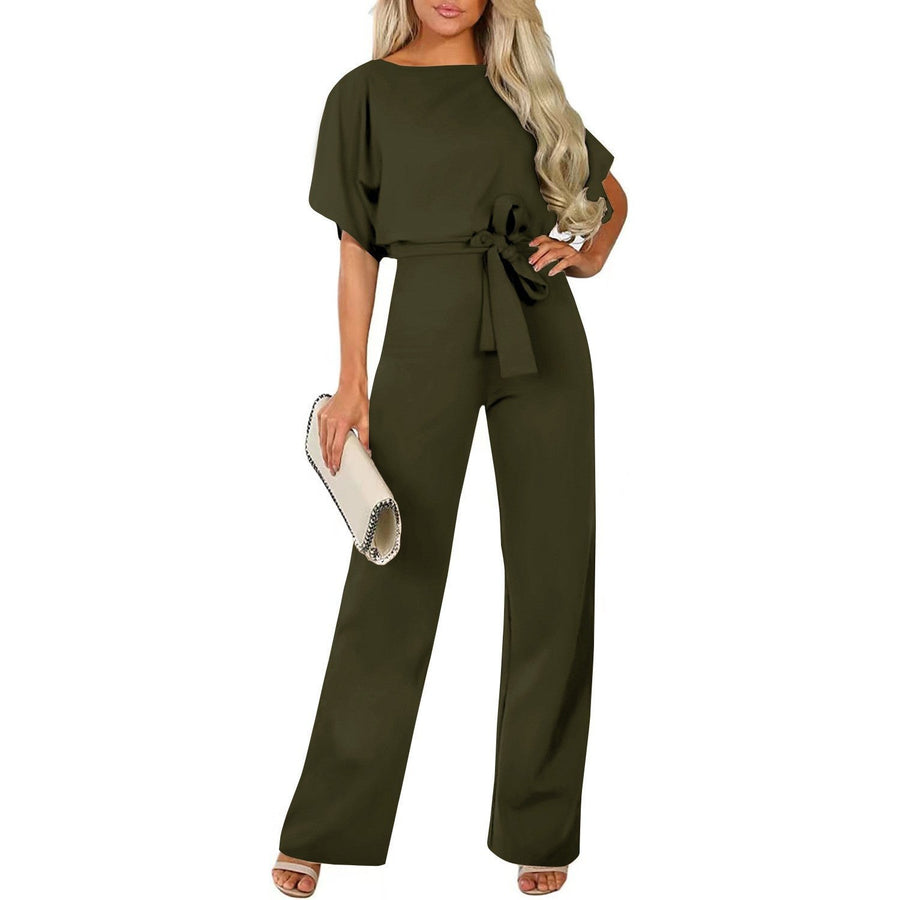 Emeline | Women's Tie Belt Belted Jumpsuit in Olive Green