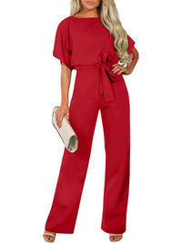 Emeline | Women's Tie Belt Belted Jumpsuit in Red