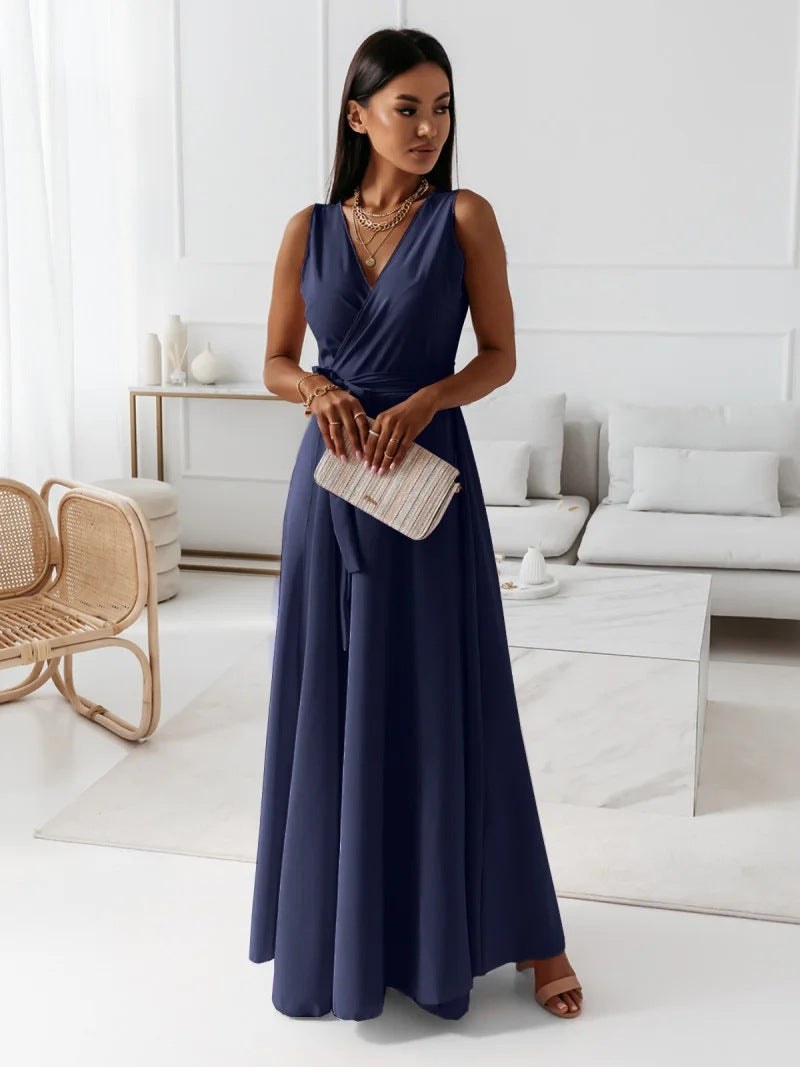 Emerance | Women's Wrap Style Wedding Guest Maxi Dress in Navy Blue