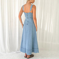 Emerentia | Women's Button Detail Pockets Maxi Dress in Denim Blue