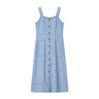 Emerentia | Women's Button Detail Pockets Maxi Dress in Denim Blue