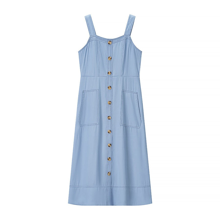 Emerentia | Women's Button Detail Pockets Maxi Dress in Denim Blue