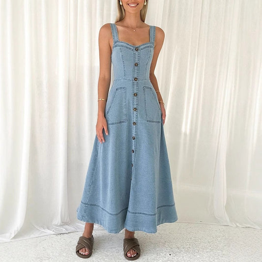 Emerentia | Women's Button Detail Pockets Maxi Dress in Denim Blue