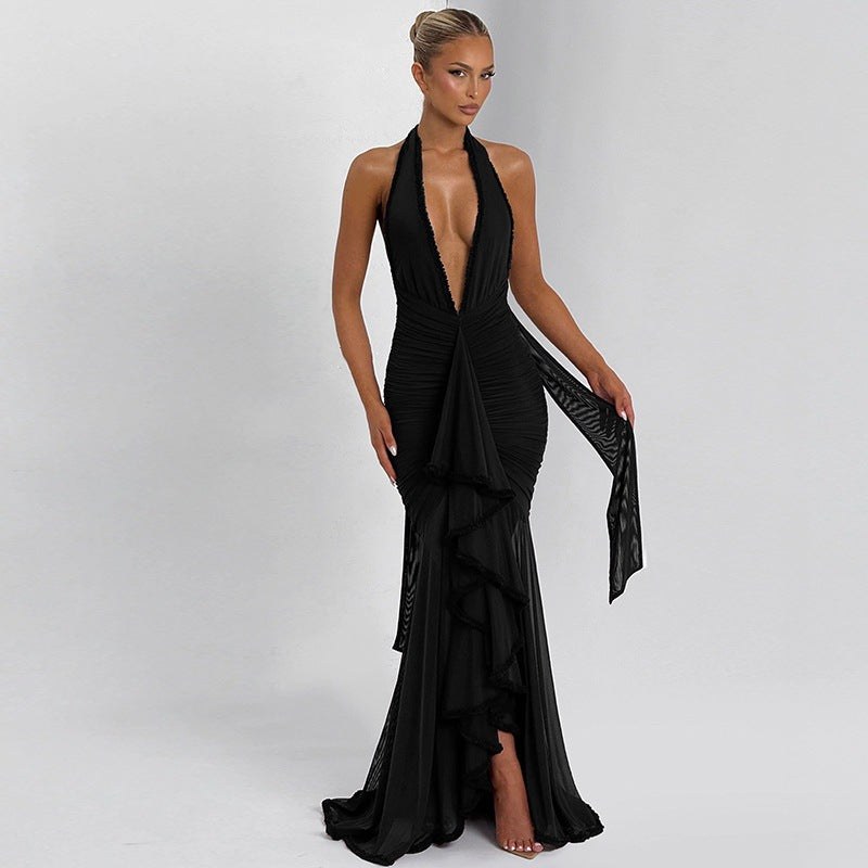 Emilia | Women's Ruffle Detail V-Neck Elegant Evening Dress in Black