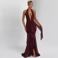 Emilia | Women's Ruffle Detail V-Neck Elegant Evening Dress in Wine Red