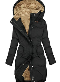 Emily | Women's Quilted Fleece-Lined Long Hooded Coat Full-Zip Parka in Black