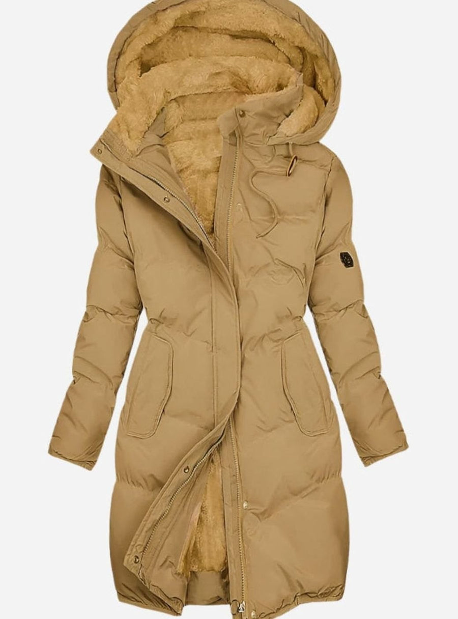 Emily | Women's Quilted Fleece-Lined Long Hooded Coat Full-Zip Parka in Yellow
