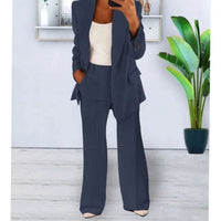 Emma | Women's Tailored Two-Piece Blazer Suit Set Wide-Leg Pants in Dark Blue