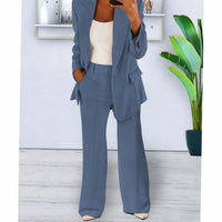 Emma | Women's Tailored Two-Piece Blazer Suit Set Wide-Leg Pants in Denim Blue