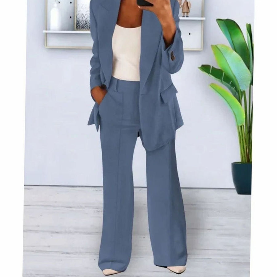 Emma | Women's Tailored Two-Piece Blazer Suit Set Wide-Leg Pants in Denim Blue