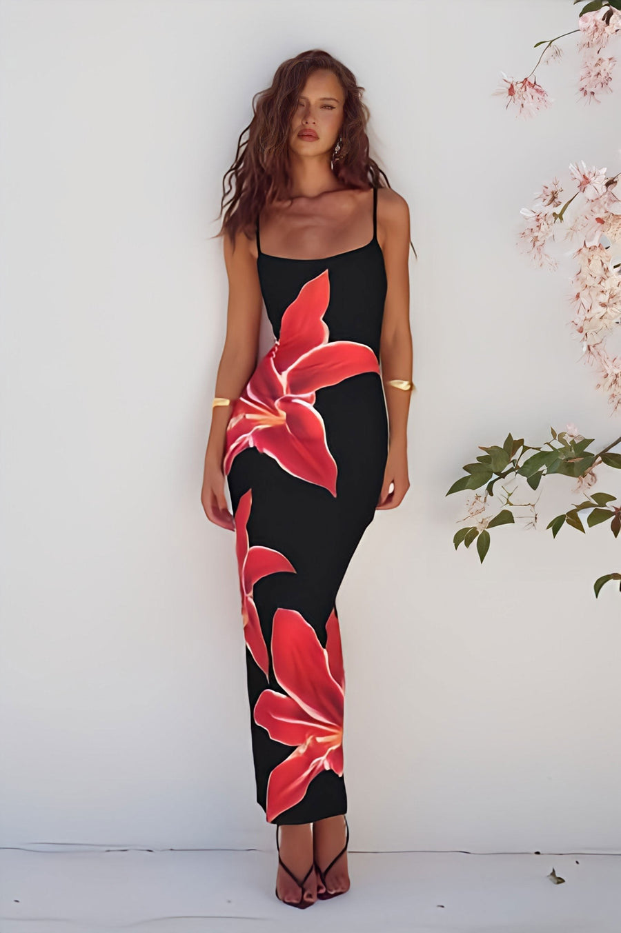 Emmeline | Women's Black Print Floral Maxi Dress in Black