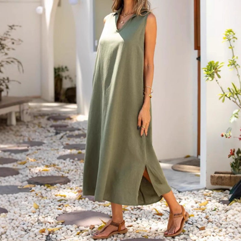 Enid | Women's Slit Summer Dress in Olive Green