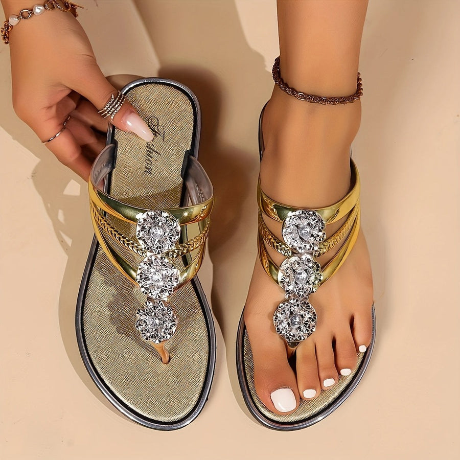 Enid | Women's Rhinestone T-Strap Flat Sandals in Gold